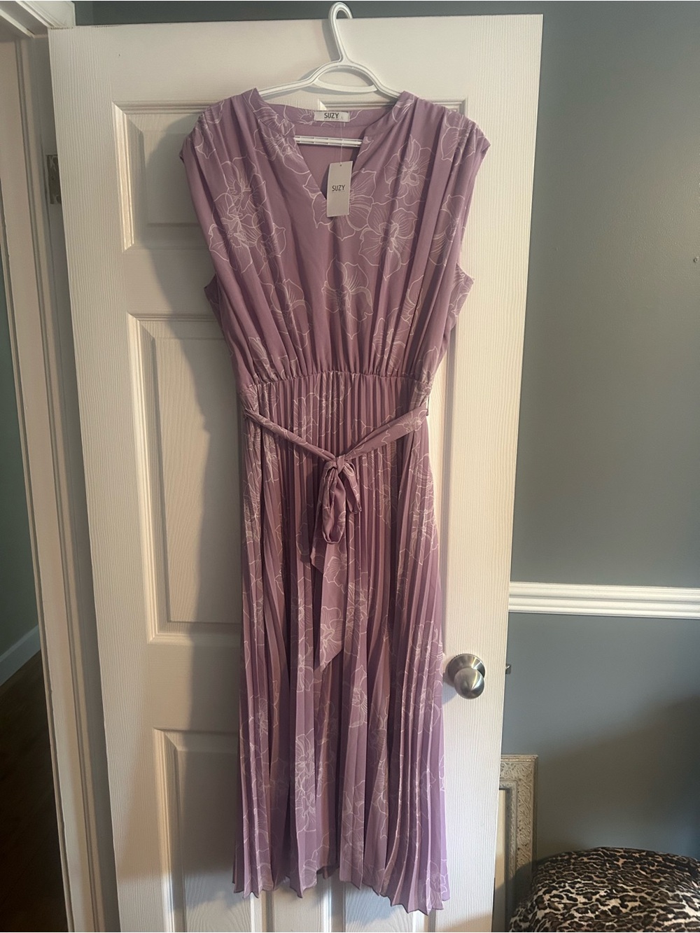 Suzy Shier Purple Floral Pleated Maxi Dress with Tie Waist